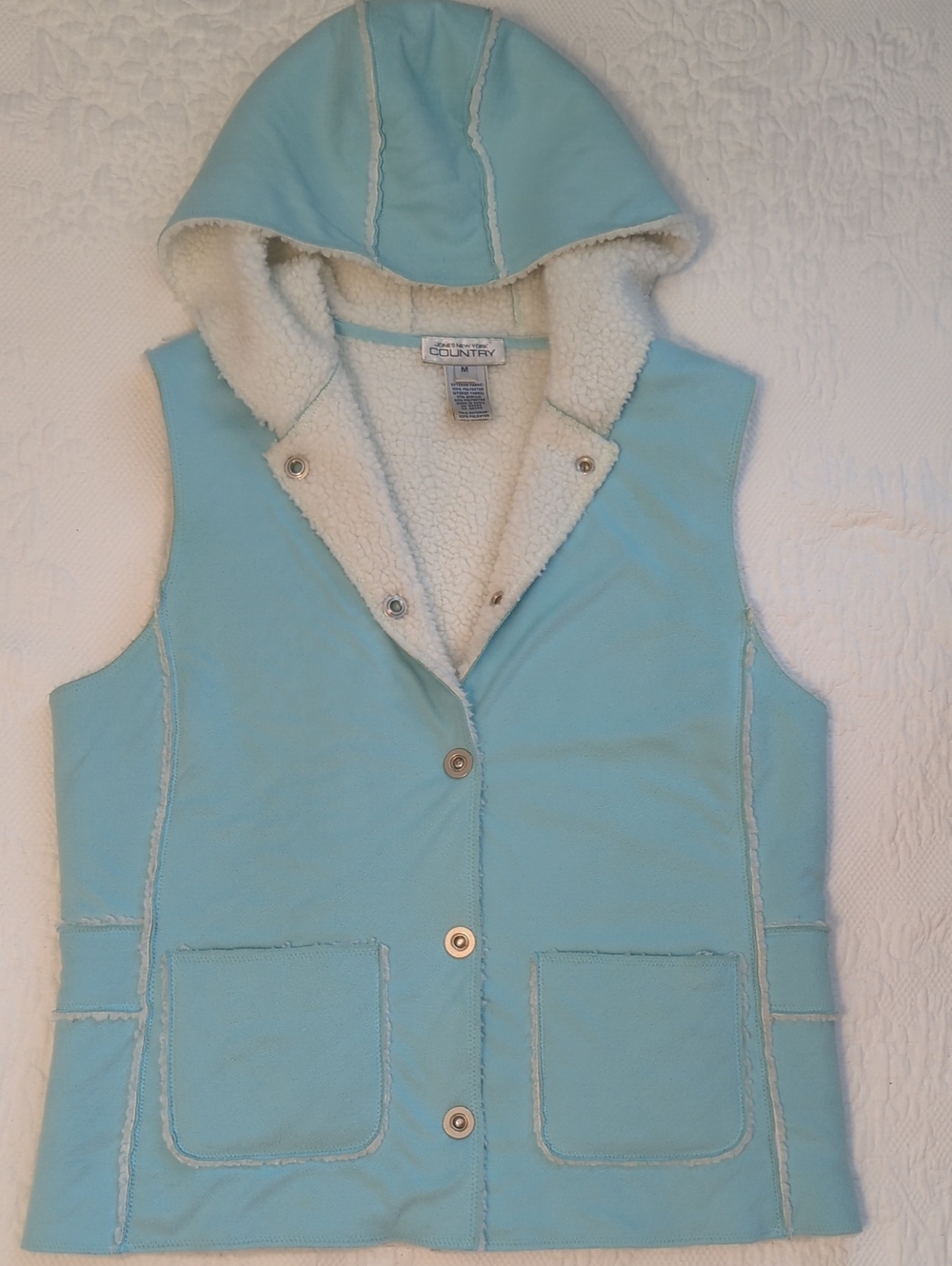 Jones New York Country Y2K Light Blue Faux Suede/Shearling Hooded Vest Size M